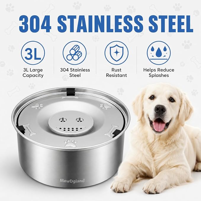 Dog Water Bowl No Spill, 3L/101oz Stainless Steel Slow Feeder Dog Bowl with Floating Disk, Spill Proof Dog Water Bowl Dispenser for Messy Drinkers, Anti Splash Large Dog Bowl with Filter