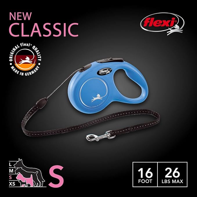 FLEXI Classic Cord Retractable Dog Leash for Small Dogs up to 26 lbs. – 16 ft., Blue | Tangle-Free Cord Design with One-Handed Brake, Pause, Lock|German Quality Product