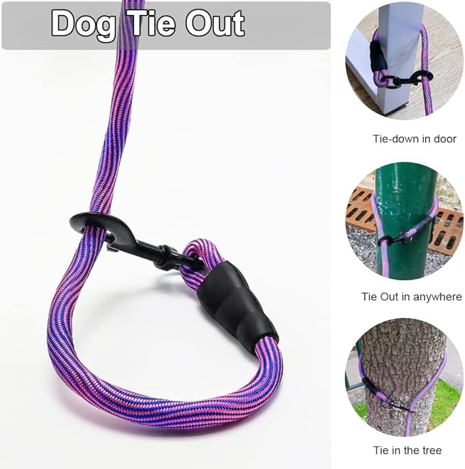 BTINESFUL 8ft 12ft 20ft 30ft 50ft 75ft Dog Tie Out Rope Leash, Long Tether Outdoor Yard Leash- Large Medium Dogs Training, Playing, Camping, Backyard Dog Lead (Pink Blue, 50 Foot)