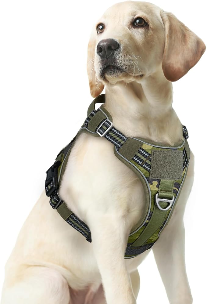 rabbitgoo Dog Harness Medium Sized No Pull, Tactical Service Pet Vest with Molle and Control Handle, Adjustable and Reflective Military Harness for Easy Walking and Training, Green Camo, M