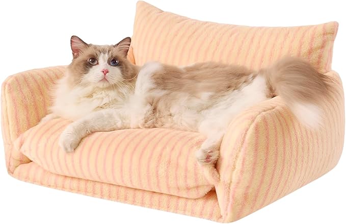 Hollypet Cat Bed Fluffy Plush Multifunctional Double-Layer Machine Washable Soft Warming Kitty Pet Couch Orthopedic Nest Beds for Small Cats Kitten and Dogs up to 13lbs, Pink Stripes(25x20x13 inch)