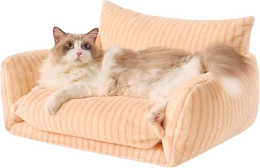 Hollypet Cat Bed Fluffy Plush Multifunctional Double-Layer Machine Washable Soft Warming Kitty Pet Couch Orthopedic Nest Beds for Small Cats Kitten and Dogs up to 13lbs, Pink Stripes(25x20x13 inch)