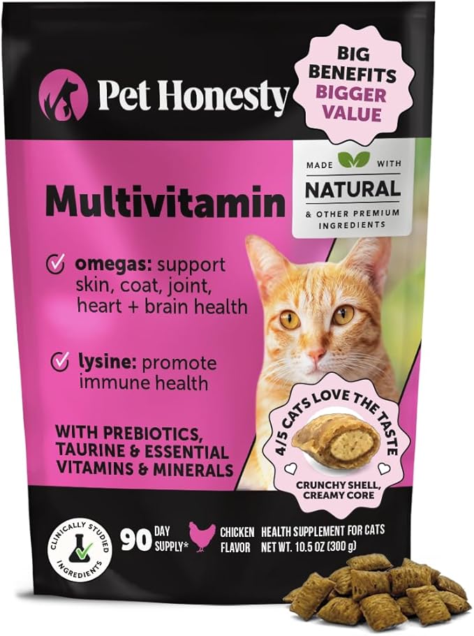 Cat Multivitamin Chews - Cat Treats for Health + Immune, Joint Support, Skin & Coat, and Digestion - Omega 3s, Lysine & Probiotics for Cats, Vitamins for Cats - Chicken (90-Day Supply)