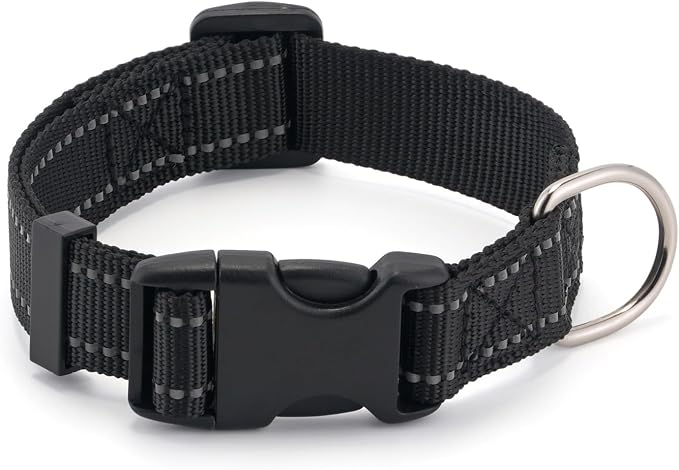 Dog Collar for Small Medium Dogs with Buckle, Breathable Adjustable Nylon Reflective Dog Collars, Black/Small