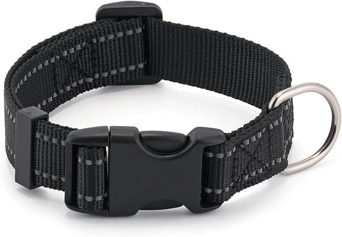 Dog Collar for Small Medium Dogs with Buckle, Breathable Adjustable Nylon Reflective Dog Collars, Black/Medium