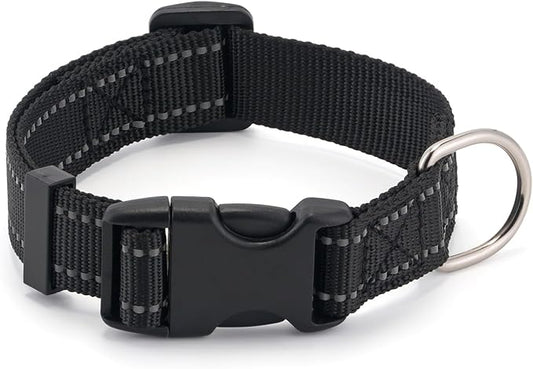 Dog Collar for Small Medium Dogs with Buckle, Breathable Adjustable Nylon Reflective Dog Collars, Black/Medium