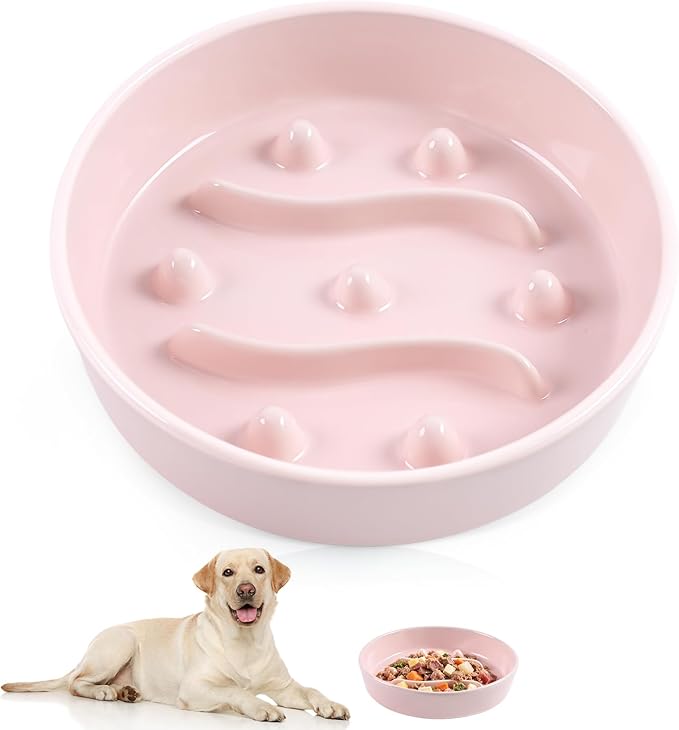 Ceramic Slow Feeder Dog Bowls, 1.5 Cups Dog Food Dish for Medium and Large Breed, Puzzle Dog Food Bowl for Fast Eater, 28OZ, 7.5 inch(Pink)