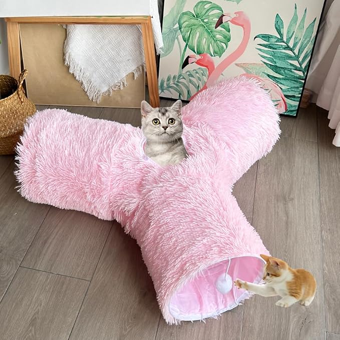 3-Way Collapsible Cat Tunnel Tube Toy Pink Plush — Interactive Play Tunnel with Hanging Ball & Peek Hole for Indoor Cats, Kittens, Puppies & Rabbits | Hours of Fun & Exercise