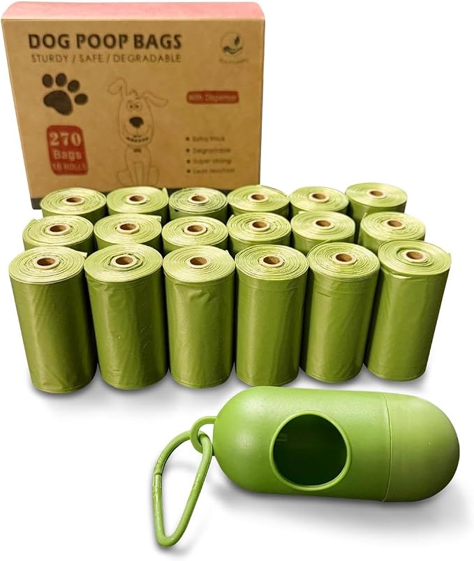 Dog Poop Bags Rolls with 1 Dispenser 270 Count (18 Rolls, 15 Bags per Roll), Leakproof, Unscented, Includes Leash Clip, Thick Strong, 8.5"W x 11.5"L