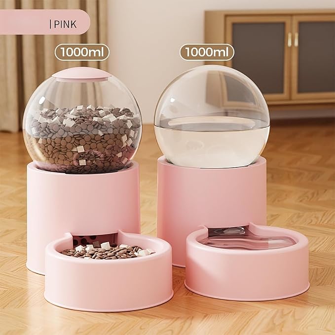 Automatic Pet Feeder and Water Dispenser Set with Pet Food Bowl,Gravity Dog Waterer and Food Feeder for Cats Dogs (Pink)