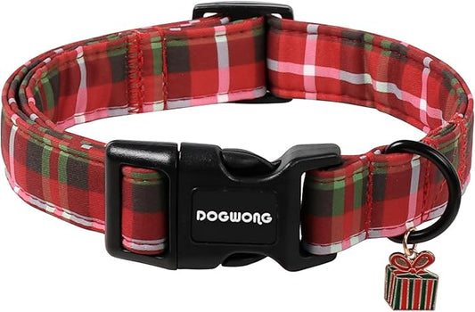 DOGWONG Christmas Plaid Dog Collar, Cute Adjustable Red Collar for Boy and Girl Dogs, Dog Collar with Strong Plastic Buckle for Small Medium Large Dogs,XL