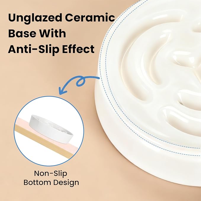Ceramic Slow Feeder Dog Bowls,2.0 Cups Slow Feeder for Medium Breed,Puzzle Dog Food Bowl to Slow Down Eating, Anti-Gulping, Stop Bloat,Preventing Choking,8in,White