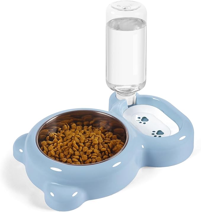 Double Dog Cat Bowls, Cat Food and Water Bowl Set with Auto-Water Dispenser and Stainless Steel Bowl Feeder for Small Size Dogs & Cats, Anti-Slip & Splash Design, Cute Blue