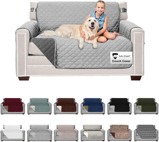 Sofa Shield® Couch Loveseat Covers for Dogs, Reversible Furniture Protector with Strap, Stain and Tear Resistant Cushion Cover, 54 inch Seat, Machine Washable Slipcover Pets, Cats, Light Gray Charcoal