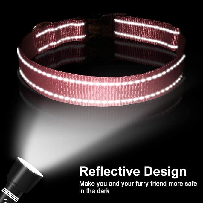 FunTags Length 14" - 20" Reflective Babypink Dog Collar for Medium Dogs – Night Walking & Training Safety, Durable Quick Release Buckle, Nylon, Comfortable Adjustable, Width 1"