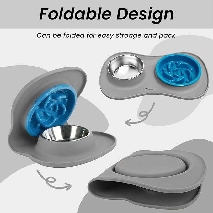 YINEYA 3 in 1 Slow Feeder Dog Bowls & Stainless Steel Food and Water Bowl with Non-Spill Dog Bowl Mat, Anti-Choking Puppy Bowls, Floor Safe & Easy Clean for Large Medium Small Dogs Cats