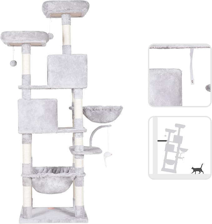 Heybly Cat Tree, 70 inches Tall Cat Tower condo with Toy for Indoor Large Cats, Cat House Furniture with Padded Plush Perch, Cozy Hammock and Sisal Scratching Posts,Light Gray HCT032W
