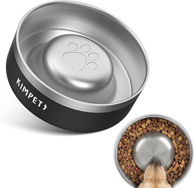 Dog Slow Feeder Bowl Slow Eating Dog Bowl Slow Feeder Dog Bowls 304 Stainless Steel Double Wall Durable Non-Slip Rubber Base - Black