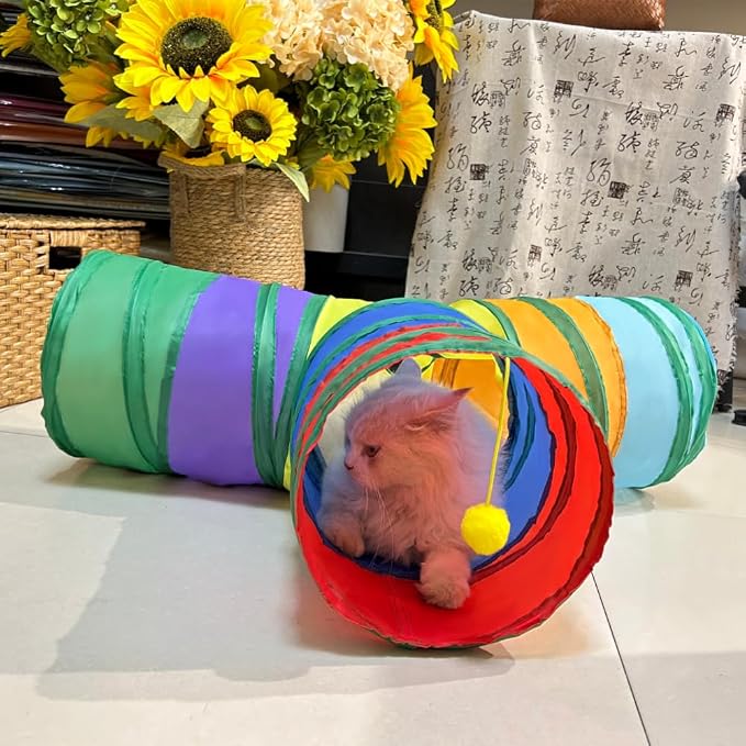 3-Way Collapsible Cat Tunnel Tube Toy Rainbow T— Interactive Play Tunnel with Hanging Ball & Peek Hole for Indoor Cats, Kittens, Puppies & Rabbits | Hours of Fun & Exercise