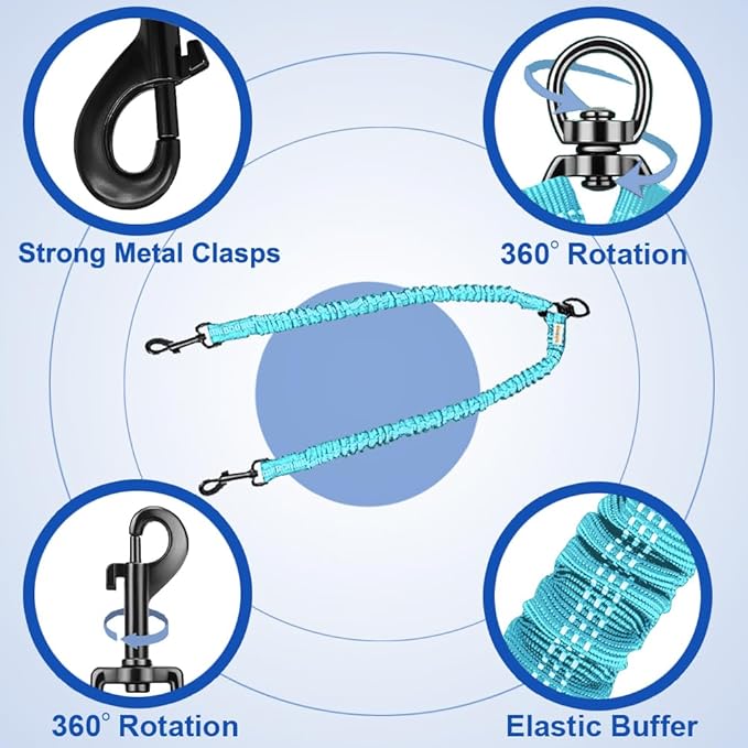 MingXpets Double Dog Leash, Dual Dog Leash, 360° Swivel Tangle Free Bungee Walking Training for Large Medium Dogs, Shock Absorbing Bungee Reflective for Two Dogs, 18~120 lbs, Blue