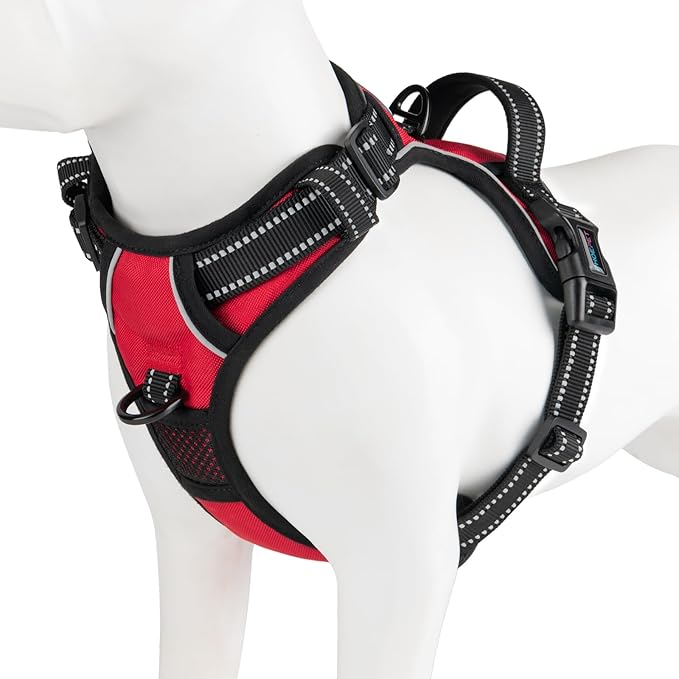 PHOEPET Reflective Dog Harness No Pull Large Breed Vest with 2 Metal Leash Attachment Hooks(XL, Red)