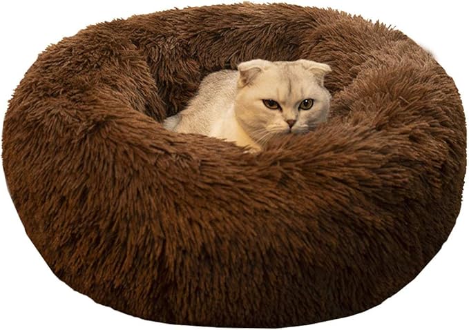 Modern Soft Plush Round Pet Bed for Cats or Small Dogs, Mini Medium Sized Dog Cat Bed Self Warming Autumn Winter Indoor Snooze Sleeping Cozy Kitty Teddy Kennel (20'' D x 8'' H, Chocolate)