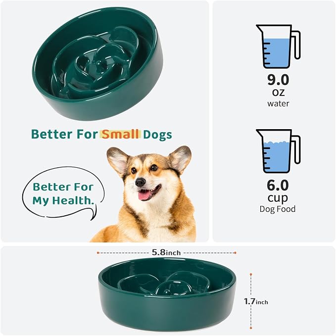 Slow Feeder Dog Bowls,Ceramic Slow Feeding Bowl for Small and Medium Breed,Anti Choking Puzzle Dog Food Bowl with Non-Slip Base for Fast Eater(Green, S-0.6CUP)