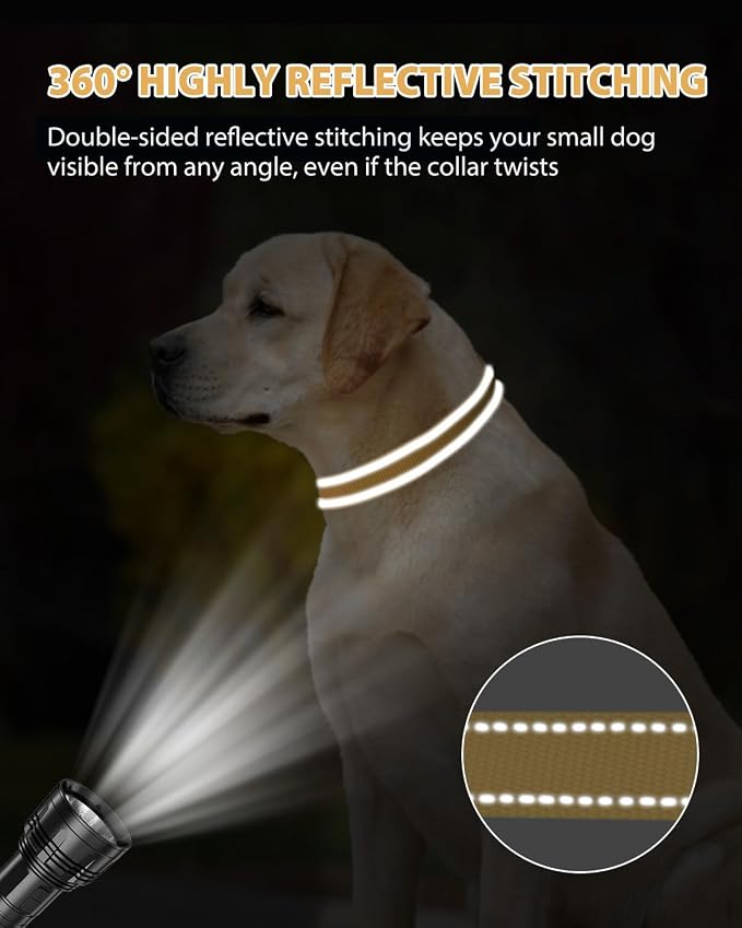 Joytale Dog Collars for Medium Dogs, Comfortable Double-Sided Reflective Nylon Collar for Night Safety, Adjustable Quick-Release for Active Pets, Khaki, M (1" Width)