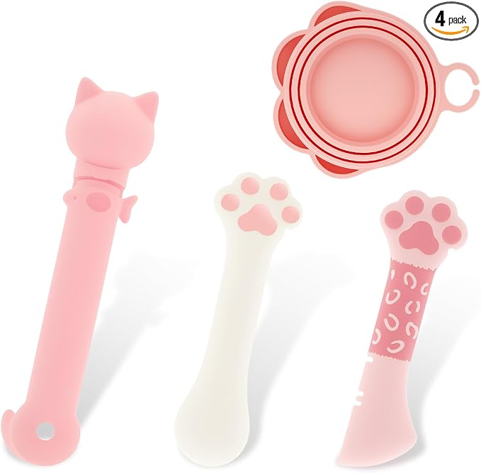 4 Pcs Pet Food Can Supplies Set, Cat Strip Feeder Spoon, Multi-Function Cat Treat Dispenser Spoon, Silicone Dog Cat Food Can Covers Lids Top, Cat-Sliding Dispenser for Wet Food - Easy to Scoop Food