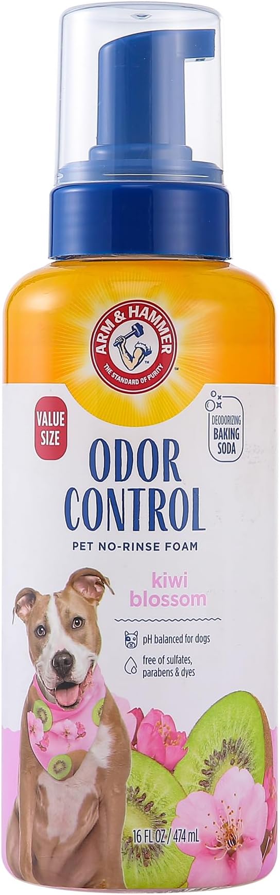 Arm & Hammer for Pets Odor Control No-Rinse Foam for Dogs, Kiwi Blossom Scent, Waterless Baking Soda Dog Deodorizer, pH Balanced, Free of Sulfates and Parabens, 16 Fl Oz