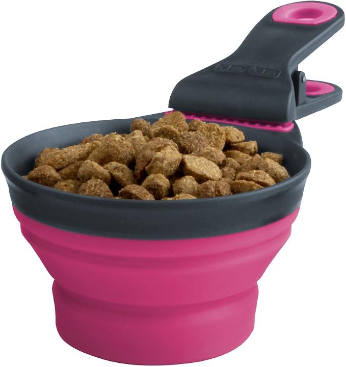 Dexas Popware for Pets Collapsible Klip Scoop, 3 in 1 Design Convenient Measuring Cup, Food Scooper and Bag Clip, ½ Capacity Pet Food Scoop, Versatile Food Measuring Cups Portion Control Gray/Pink