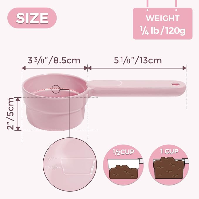 Melamine Pet Food Scoop, Cat Food Measuring Cups, Comfortable Long Handle Scoop for Dog, Cat, Ferret and Rabbit Food, 1 Cup Size Pet Food Feeding Scoop Dishwasher Safe (Pink