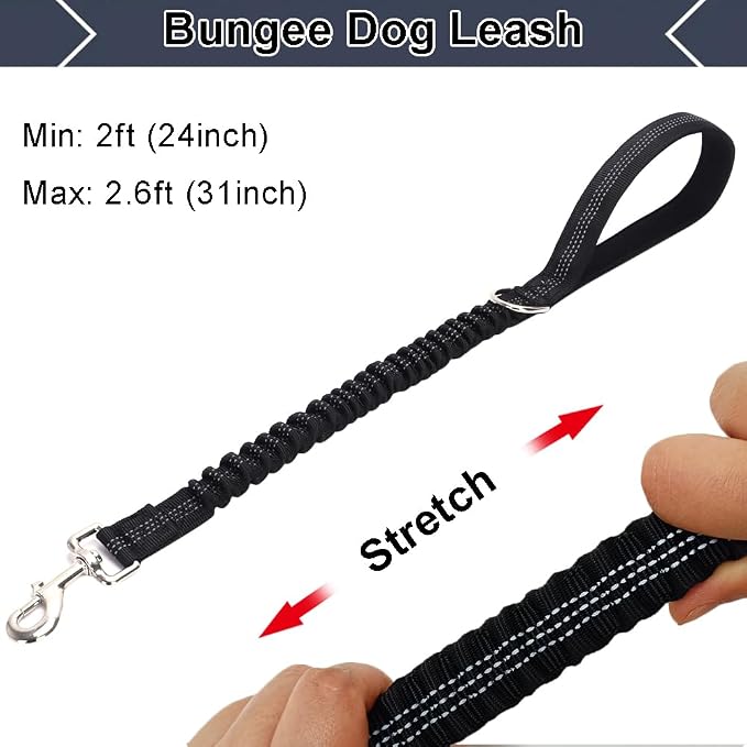2 FT Bungee Dog Leash, Reflective Strong Nylon Traffic Leash, Short Shock Absorbing Lead for Large Medium Dogs Walking Training Controlling, Black