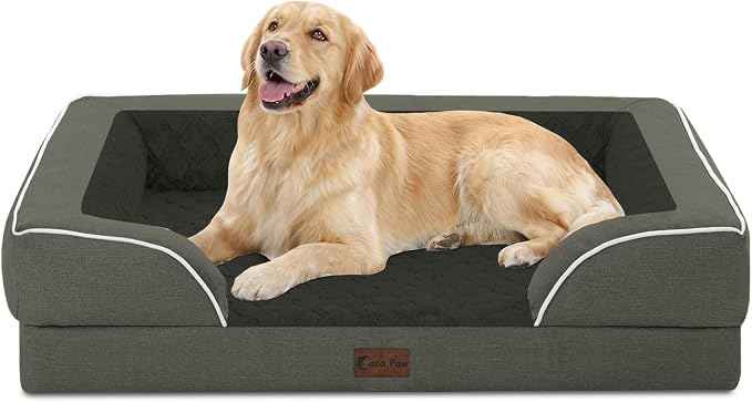 Orthopedic Dog Beds for Large Sized Dogs 36x27 Inch, Waterproof Egg Crate Foam Dog Sofa Bed with Removable Washable Cover Big Pet Couch with Bolster & Non-Slip Bottom, Dark Green
