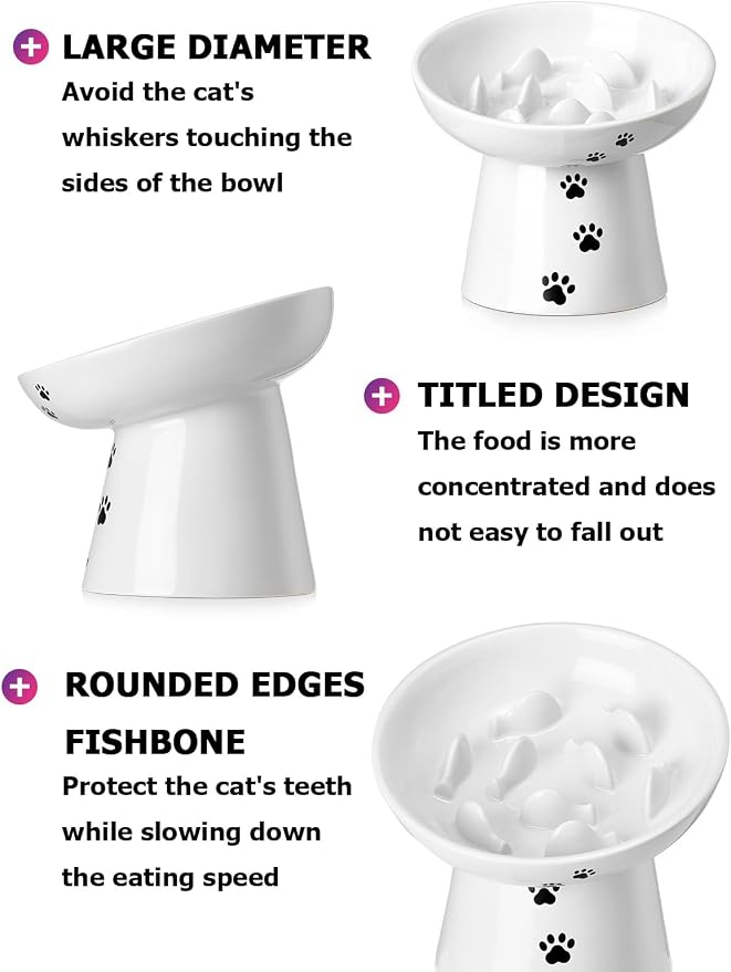 Y YHY Slow Feeder Cat Bowl, Ceramic Cat Slow Feeder Bowl, 6 Inches, Elevated, Anti Vomiting for Dry and Wet Food, White