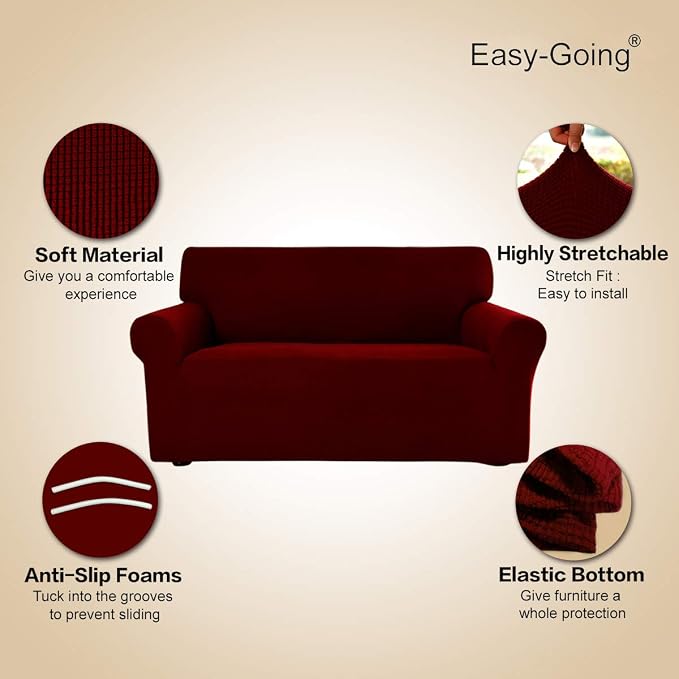 Easy-Going Stretch Sofa Slipcover 1-Piece Sofa Cover Furniture Protector Couch Soft with Elastic Bottom for Kids, Polyester Spandex Jacquard Fabric Small Checks (Sofa, Wine)
