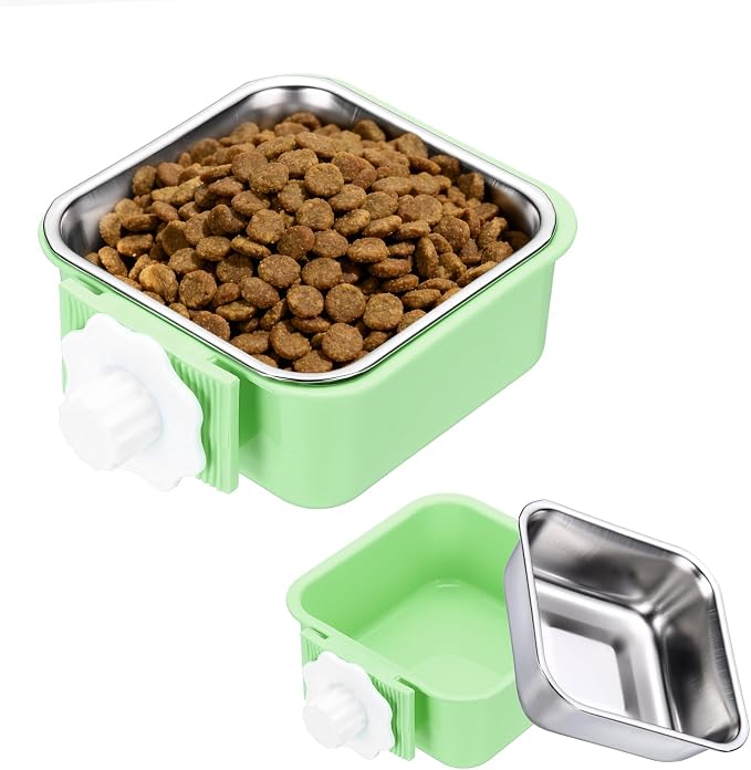 Crate Dog Bowl, Removable Stainless Steel Pet Cage Hanging Anti-Overturn Food Water Feeder Cage Cup (Square, Green, 11.1oz), Intended for Puppies/Cat/Rabbit/Bird