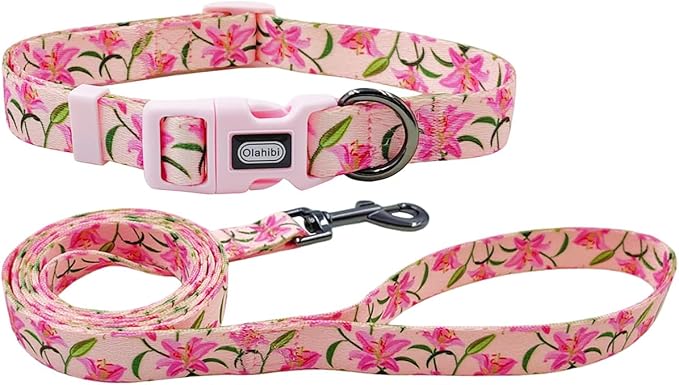 Dog Collar Leash Set, Floral Pattern, Polyester Material, Adjustable Collar and 5ft Matchcing Leash, 5ft Leash, for Small Dogs.(S, Pink Lily)