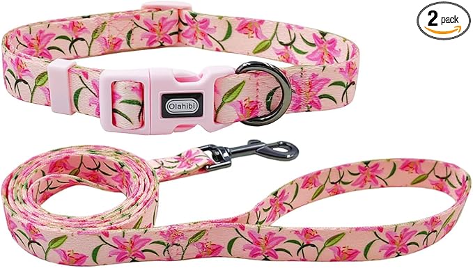 Dog Collar Leash Set, Floral Pattern, Polyester Material, Adjustable Collar and 5ft Matchcing Leash, for Large Dogs.(L, Pink Lily)