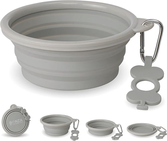 Bonza Collapsible Dog Bowls - 2 Pack, Small 12 oz, Dog Travel Accessories, Silicone Portable Dogs Bowl & Water Dish with Reinforced Rim & Carabiner for Hiking, Camping, and Car Trips, Light Gray
