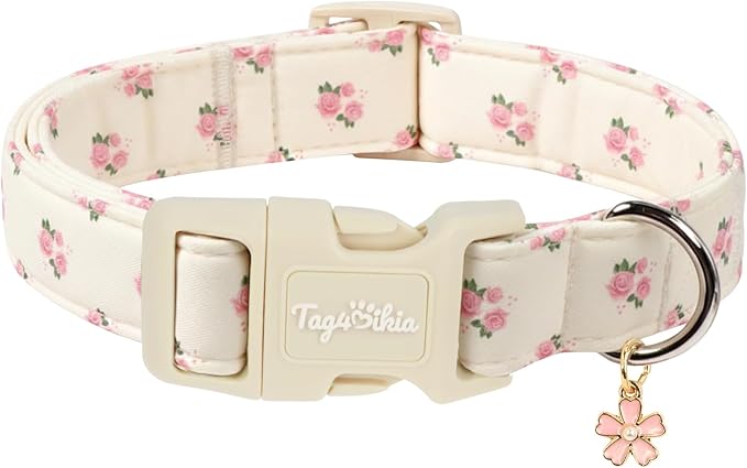 Floral Dog Collar, Spring Summer Pink Flower Pet Collar, Cute Cotton Puppy Collar with Adjustable Buckle, Girl Female Dog Collars for Small Medium Large Dogs-M