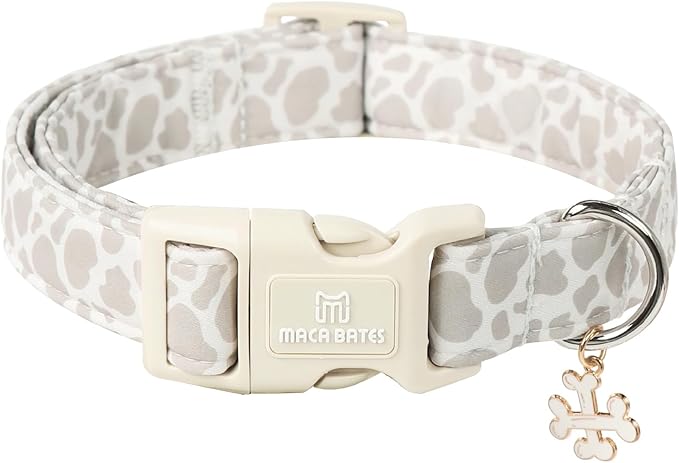 Maca Bates Beige Leopard Cute Dog Collar for Extra Small Boy Girl with Bone Charm,Leopard Pattern,Adjustable Durable Soft Comfortable Birthday Gift Collars for Male Female Puppy