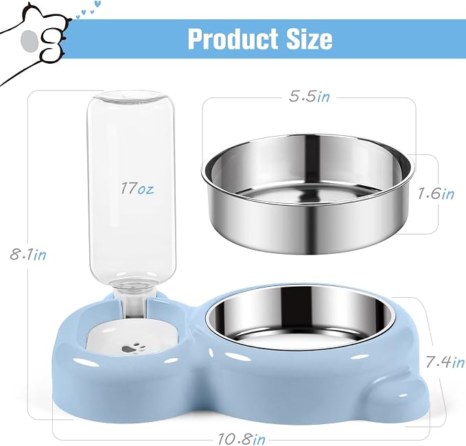 Double Dog Cat Bowls, Cat Food and Water Bowl Set with Auto-Water Dispenser and Stainless Steel Bowl Feeder for Small Size Dogs & Cats, Anti-Slip & Splash Design, Cute Blue