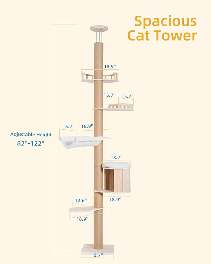 Aechonow Floor to Ceiling Cat Tree for Large Cats, Tall Cat Tower with Scratching Post, Adjustable Height(82-122 in), Large Condo Cave Bed Hammock for Indoor Cats, Wood