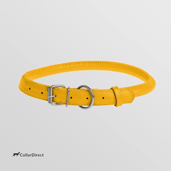 CollarDirect Rolled Leather Dog Collar, Soft Padded Round Puppy Collar, Handmade Genuine Leather Collar Dog Small Large Cat Collars 13 Colors (11-14 Inch, Yellow Textured)