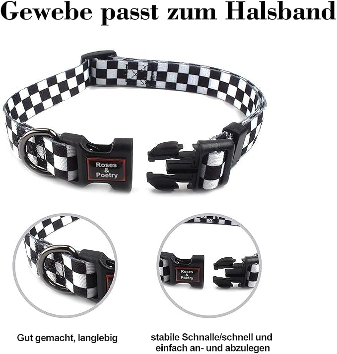 Roses&Poetry Dog Collar with Colourful Patterns, Adjustable Durable Puppy Collars for Small Medium Large Dogs (Black & White-L)
