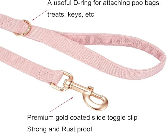 Soft Corduroy Dog Collar and Leash Set Adjustable Durable Dog Collars with Metal Buckle and Lead for Female Large Dogs,Baby Pink