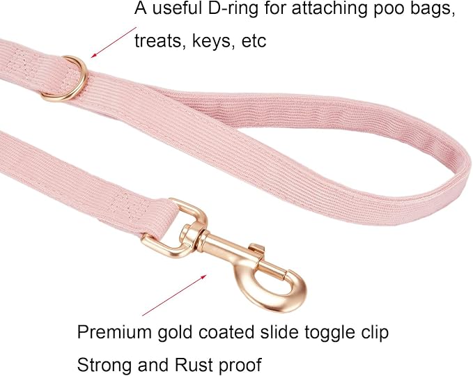 Soft Corduroy Dog Collar and Leash Set Adjustable Durable Dog Collars with Metal Buckle and Lead for Female Medium Dogs,Baby Pink