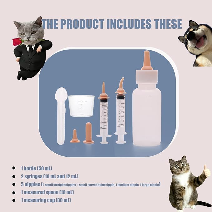 Newborn Pet Feeding Kit, Kitten Bottle Feeding Set with Nursing Nipples, Portable Storage, Emergency Ready, Replaceable Accessories for Kittens Puppies