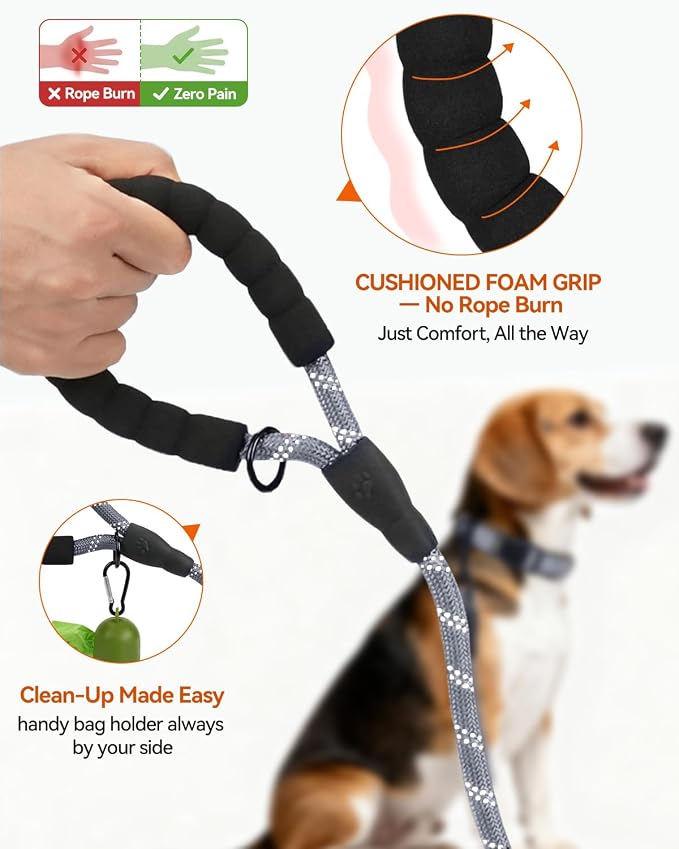 Joytale Dog Leash for Small Dogs, Heavy Duty Nylon Leashes with Comfortable Padded Handle and Highly Reflective Threads, Ideal for Walking and Training, Gray, 5'×3/8''